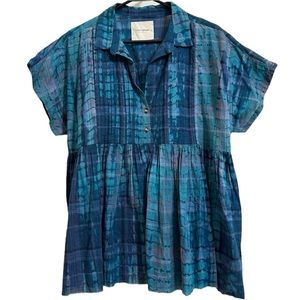 LUCKY BRAND BOHO BLUE TIE DYE RELAXED PULLOVER PLEATED BABYDOLL TOP MEDIUM